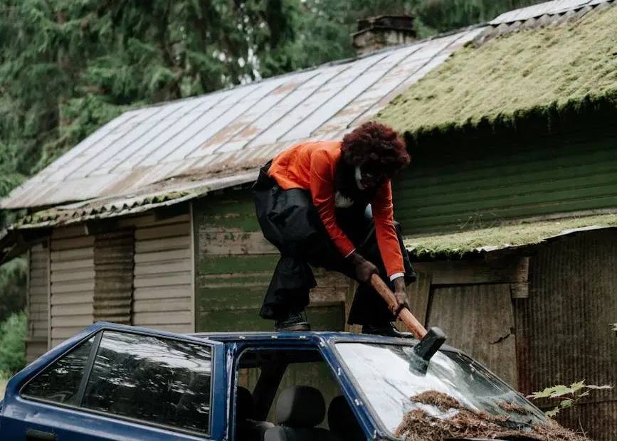 A person with a sledgehammer strikes an old car in a forest, creating a spooky vibe.