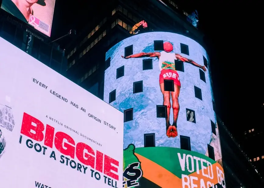 Vibrant billboards light up Times Square, showcasing advertisements in New York City.