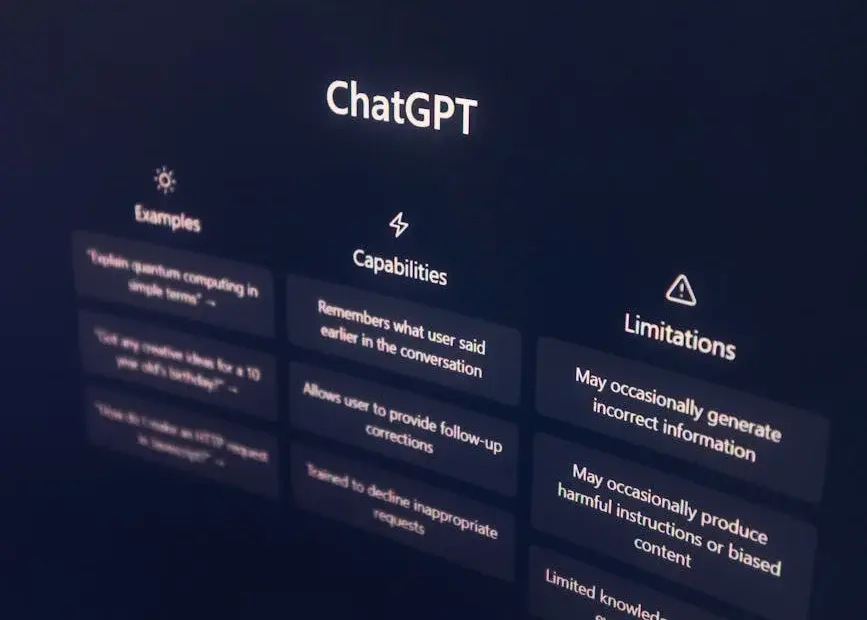 High-resolution image of ChatGPT interface displayed on a monitor, highlighting its capabilities and limitations.