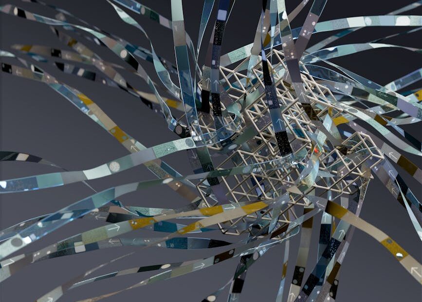 Intricate wireframe with dynamic ribbons in an abstract 3D composition.