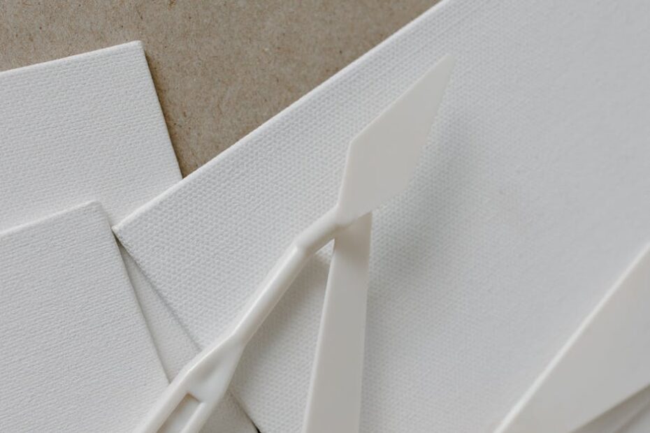 Minimalist close-up of white canvas with palette knives, ideal for art concepts.