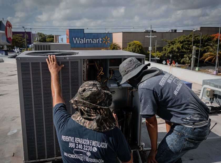 Two technicians repair a rooftop HVAC unit outside a Walmart store.