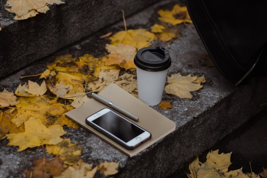 Stylish workspace setup with notebook, coffee cup, and smartphone among autumn leaves.